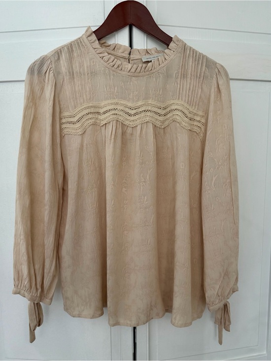Skies Are Blue Tops - Skies Are Blue Beige Lace-Trim Long Sleeve Blouse